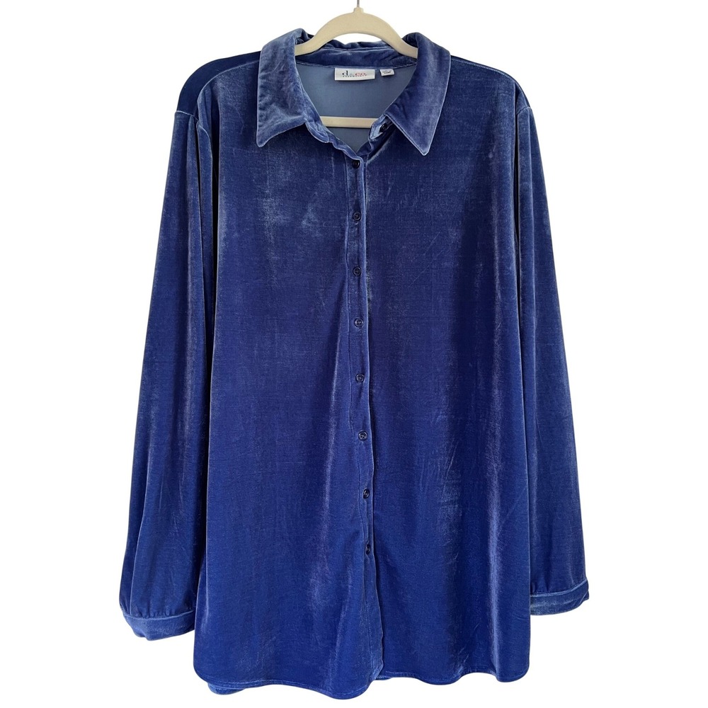 D & Co. Periwinkle Blue Velvet Velour Button Down Long Sleeve Shirt Size L